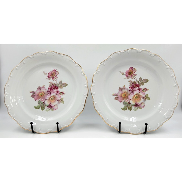 2 Schumann Arzberg Briar Rose Dinner Plates Gold Trim Bavaria Germany 1950s - Picture 4 of 9